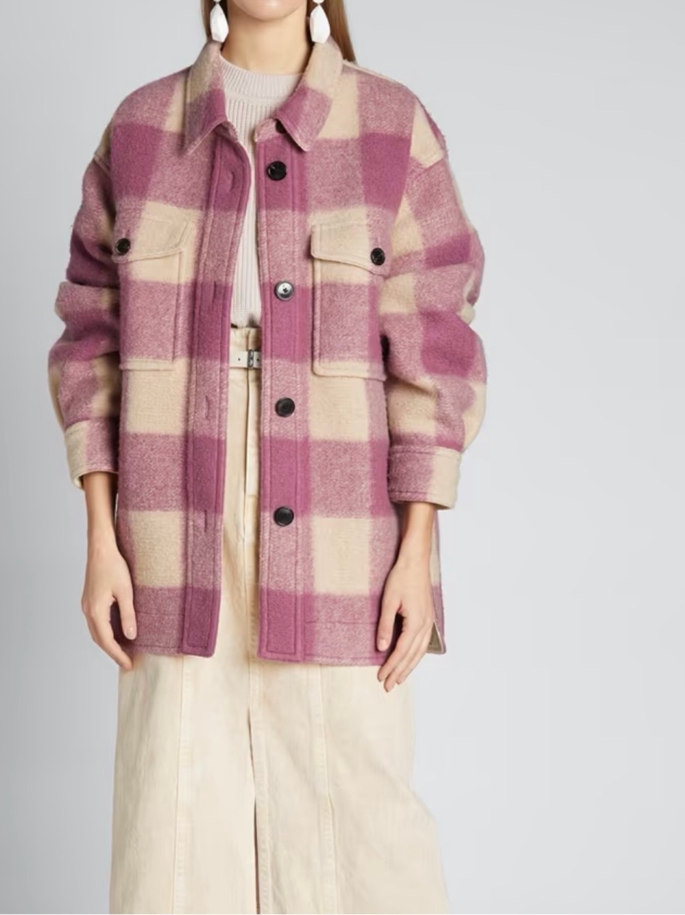 Etoile Isabele Marant Pink & Cream Plaid Wool Shacket Jacket